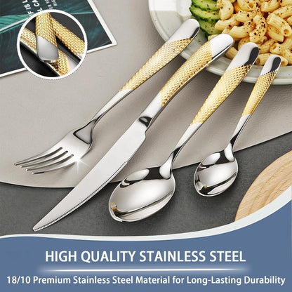 Gold Silverware Set, 24 Pieces Flatware Set with Silverware Holder, Stainless Steel Knives and Forks and Spoons Cutlery Set for 6, Kitchen Utensil Tableware Set with Antiskid Handle (Golden & Silver)