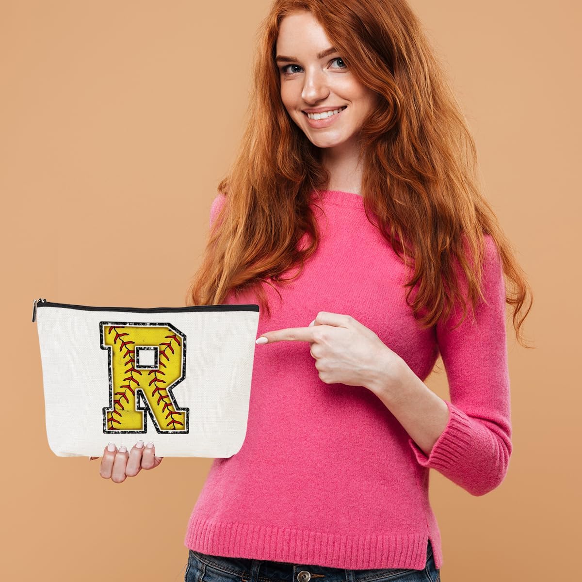 Initial Makeup Bag Monogrammed Cosmetic Bag Yellow Letter R Zipper Pouch Softball Accessories for Girls Women Player Coach Friend Graduation Birthday Gifts