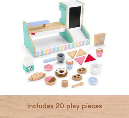 Fisher-Price Wood Pretend Play Coffee Shop & Toy Register, 20-Piece Wooden Food Playset for Preschool Kids Ages 3+ Years