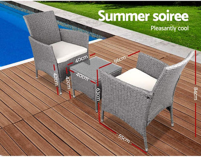 Gardeon 3pcs Wicker Patio Furniture, Bistro Set Table and Chairs Outdoor Lounge Setting Conversation Sets Dining Chair Garden Backyard, Cushion with Rattan Coffee Table Glass Tabletop Grey