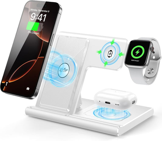 EXW Wireless Charger Stand 3 in 1,Charging Station for Apple Devices, Fast Wireless Charger for iPhone 16 15 14 13 12 11 Pro & Max Series, AirPods Pro4/3/2, Apple Watch10/9/8/7/6/SE/5/4/3/2 (White)