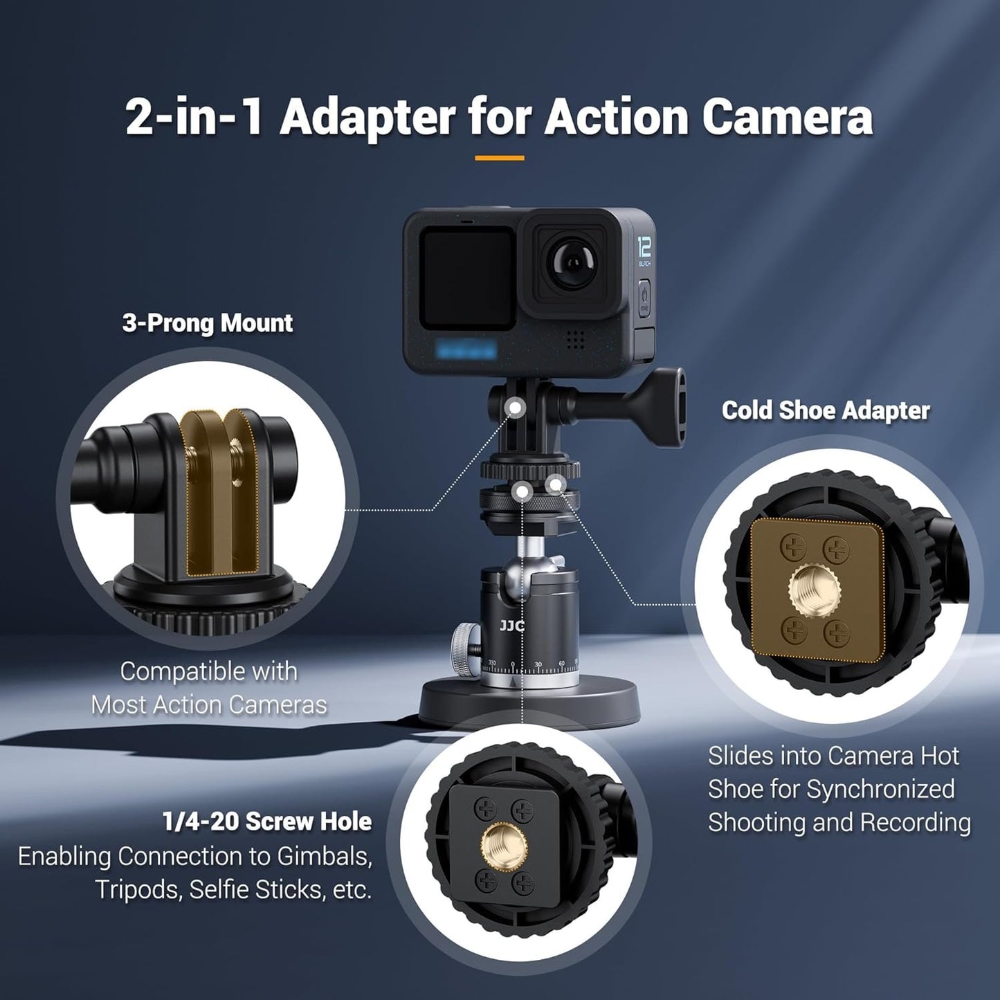 JJC 2-in-1 Tripod Mount & Hot Shoe Camera Mount Adapter for GoPro Go Pro Hero 13 12 11 10 9 8, DJI Osmo Action 5 4 3 & More Action Camera on 1/4"-20 Tripod or Canon Nikon Fujifilm DSLR Camera