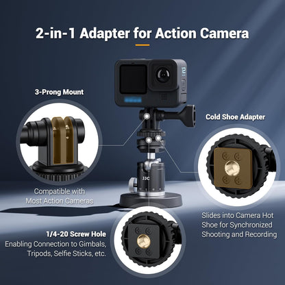 JJC 2-in-1 Tripod Mount & Hot Shoe Camera Mount Adapter for GoPro Go Pro Hero 13 12 11 10 9 8, DJI Osmo Action 5 4 3 & More Action Camera on 1/4"-20 Tripod or Canon Nikon Fujifilm DSLR Camera