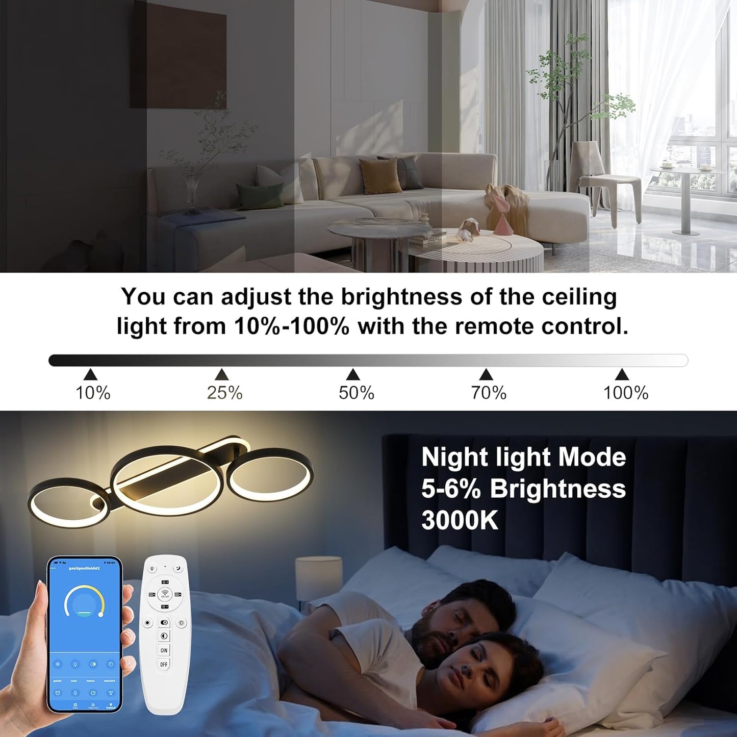 Modern LED Ceiling Light, 36W 3000K-6500K, 3 Rings Round Design Bedroom Lighting, Interior Decorative Light with Remote Control APP Dimmable, Chandelier Lamp for Living Room, Office, Kitchen, Hallway