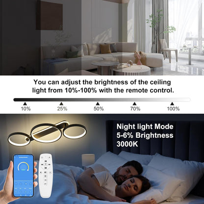 Modern LED Ceiling Light, 36W 3000K-6500K, 3 Rings Round Design Bedroom Lighting, Interior Decorative Light with Remote Control APP Dimmable, Chandelier Lamp for Living Room, Office, Kitchen, Hallway