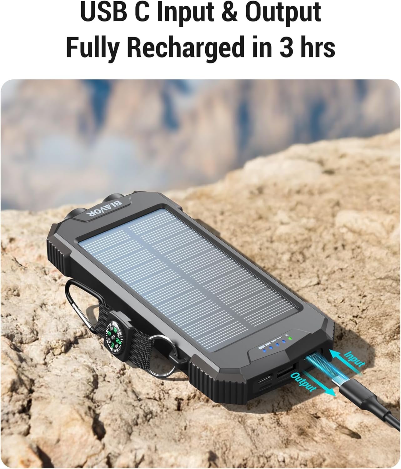 BLAVOR Solar Charger Power Bank 10,000mAh, Portable Wireless Charger, 20W Fast Charging External Battery Pack with USB C for Cell Phones, Solar Panel Charger with Dual Flashlight and Compass