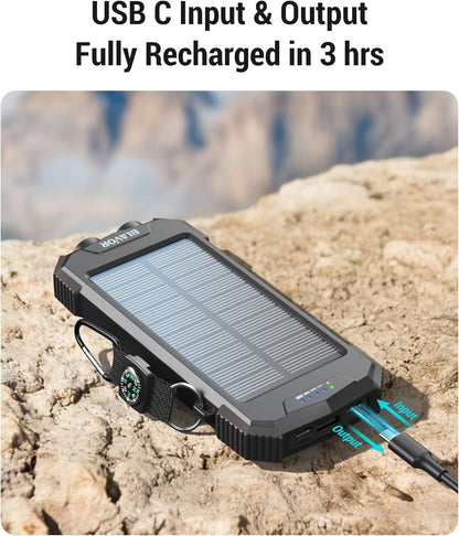 BLAVOR Solar Charger Power Bank 10,000mAh, Portable Wireless Charger, 20W Fast Charging External Battery Pack with USB C for Cell Phones, Solar Panel Charger with Dual Flashlight and Compass