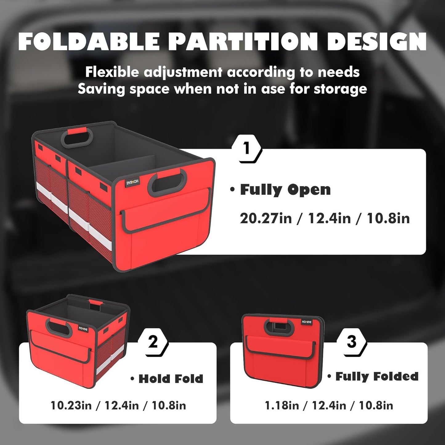 Homeve Trunk Organizer, Car Storage, Reinforced Handles, Collapsible Multi-Compartment Car Organizers, Foldable, Waterproof, 2 Compartments, Suitable for Car Accessories, SUV (Red, Standard)