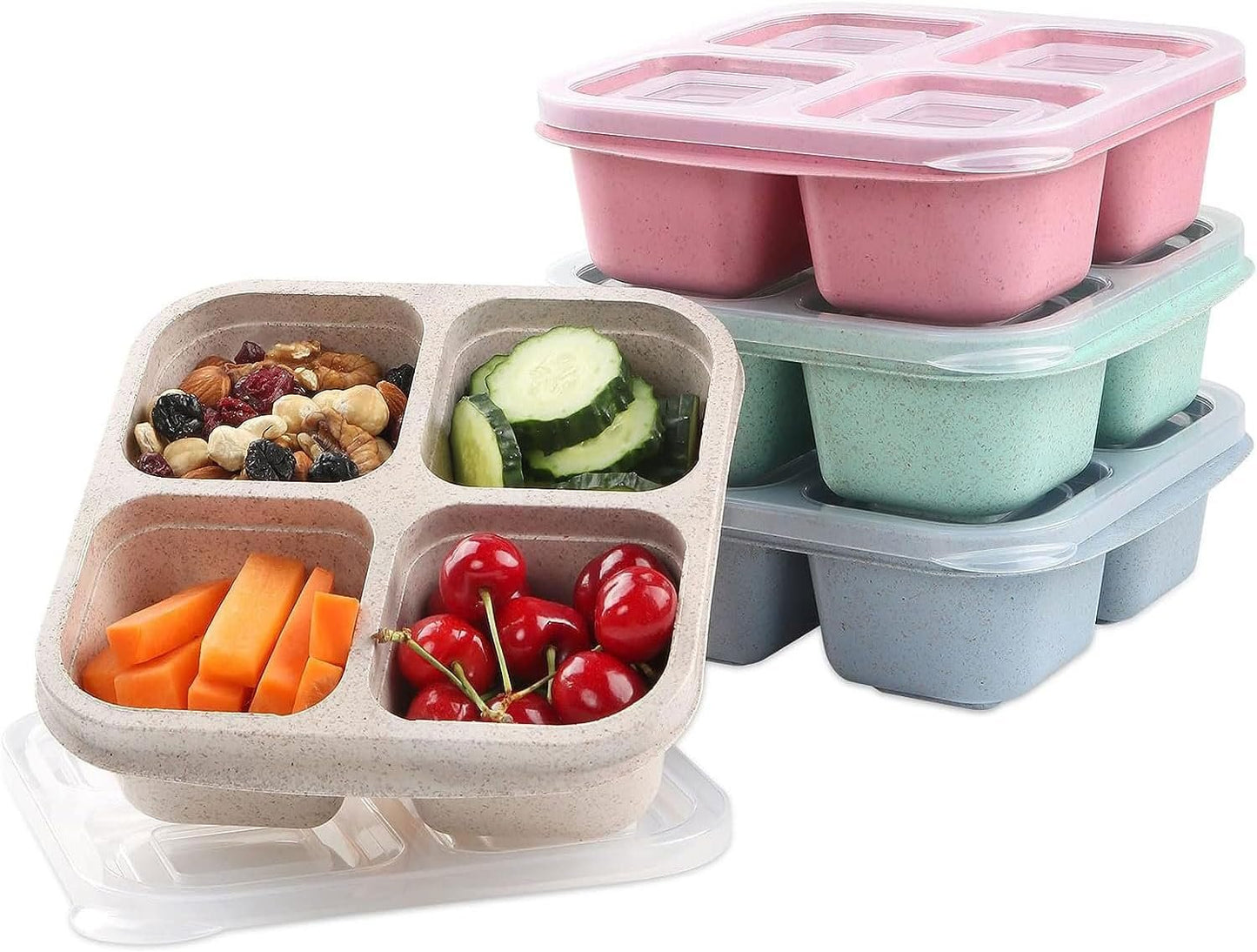 ozazuco 4 Pack Snack Containers, Divided Bento Snack Box, 4 Compartments Reusable Meal Prep Lunch Containers for Kids Adults, Food Storage Containers for School Work Travel