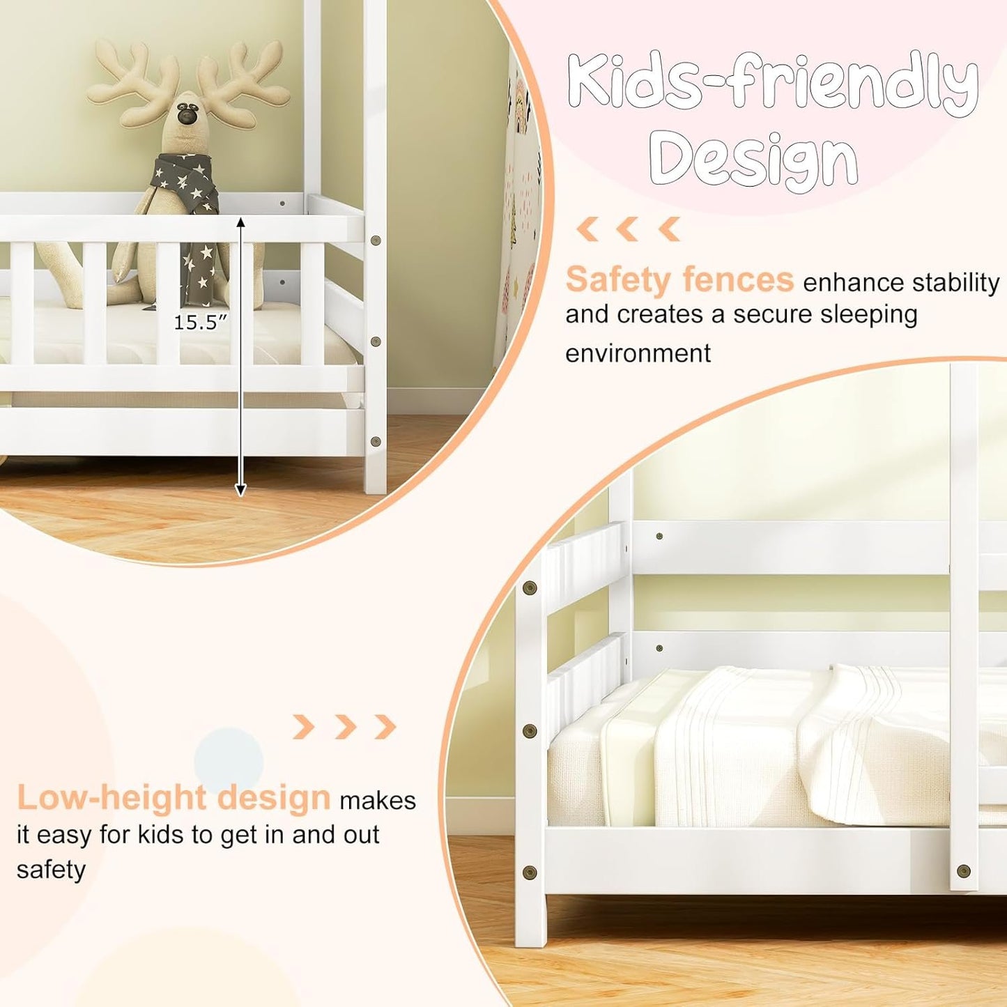 IFANNY Twin Floor Bed, Wooden House Bed with Safety Fence and Roof, Wood Twin Size Platform Playhouse, Low Montessori Bed Frame for Kids, Boys, Girls (White)