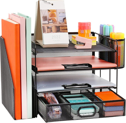 Desk Organizer with File Holder, 4-Tier Letter Paper Tray Organizer with Drawer & 2 Pen Holders, Desk Organizers and Accessories, Mesh Desktop File Organizer and Storage for Office Supplies