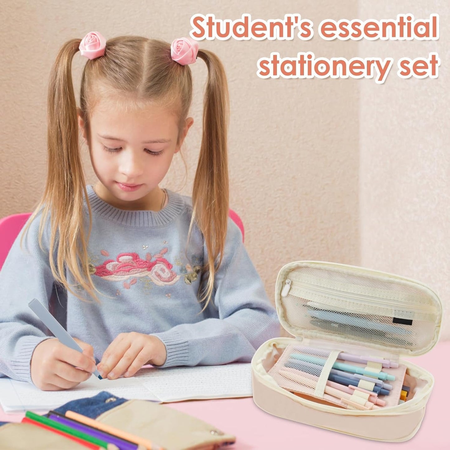 40Pcs Stationery Supplies Set, Multi-Purpose Pencil Case Includes Large Capacity Pen Pouch Bag, Mechanical Pencil, Lead Refill, Gel Ink Pen, Scissors, Ruler, Sharpener for School Supplies (Pink)
