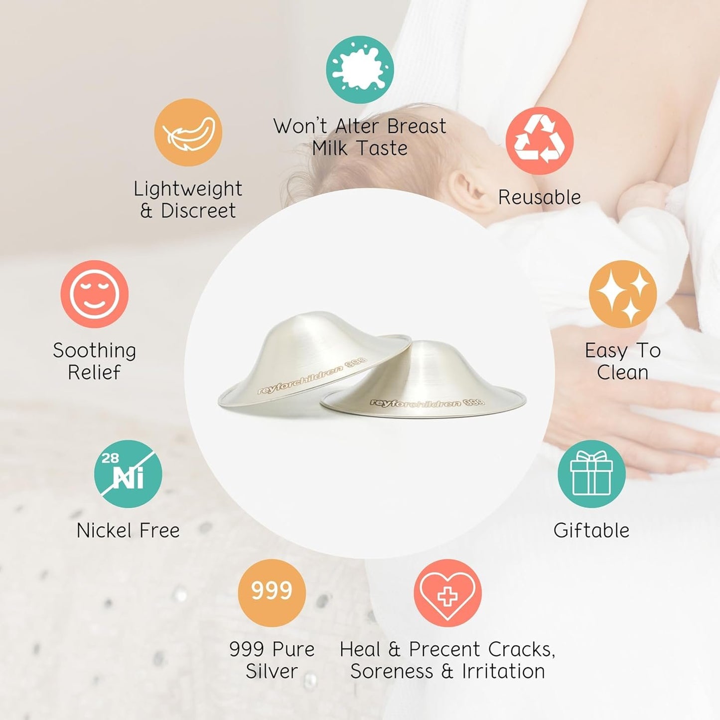 RFC Silver Nursing Cups - 999 Silver Nursing Pad - Nipple Shields Kit for Nursing Newborn - Breastfeeding Essentials - Nipple Cover Breastfeeding - With Silicone Ring & Cleaning Scotch & Carrying Case (Mat 999 Silver Nursing Cup (XL))