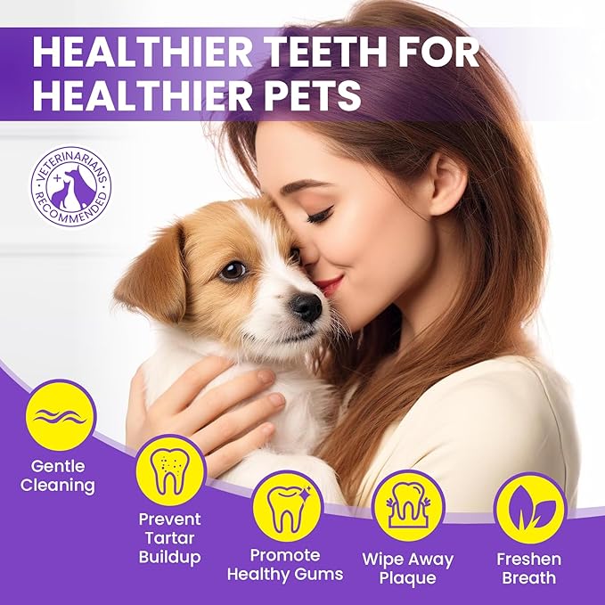 No-Rinse Dog Dental Care Wipes, Cat & Dog tooth brushing kit, Dog Wipes for Pet & Cat Teeth Cleaning, Dog toothbrush Finger Dental Wipes to Remove Plaque & Tartar, Disposable Dog Wipes - 50 Count