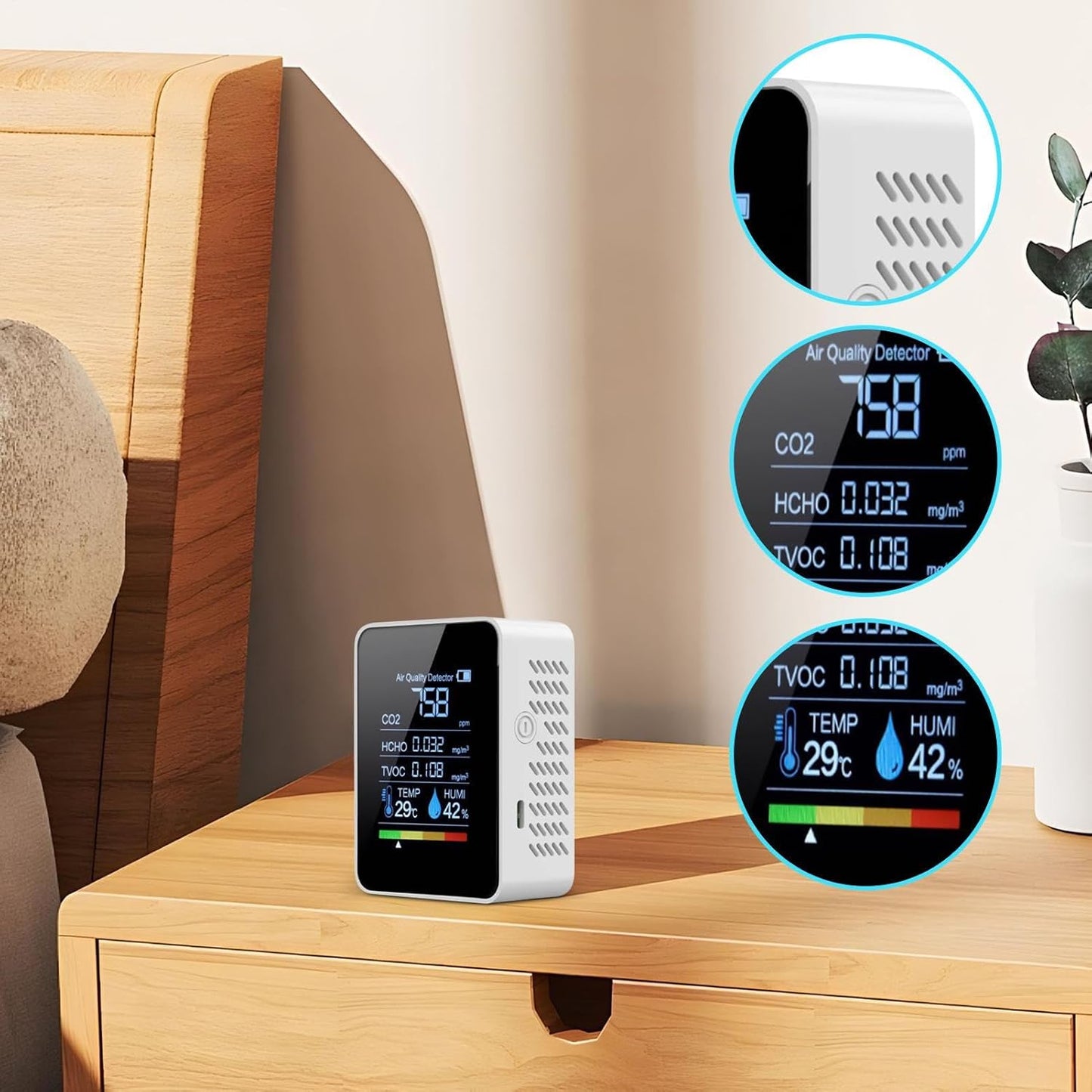 Air Quality Monitor Indoor, Air Detector Tester, Accurate Sensor Display, Portable Compact, 3.54X1.57X2.76 inches, for Safety Detection Tool, Carbon Dioxide, Bedroom, Grow Tents
