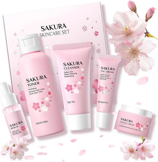 Miioto Full Face Skincare Set, Sakur Skincare Kit, Face Skincare Products, Skin Care Kit with Cleanser, Tonic, Face Cream, Serum and Eye Cream, Moisturizing and Anti-Aging, 5 Pieces (B)