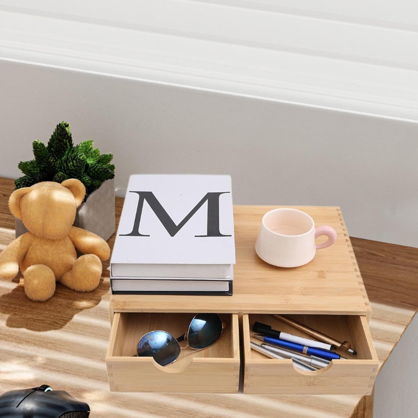 Bamboo Desk Organizer Cup Holder Tabletop Storage Organization Box Desktop Drawer for Counter Workspace Toiletries Supplies