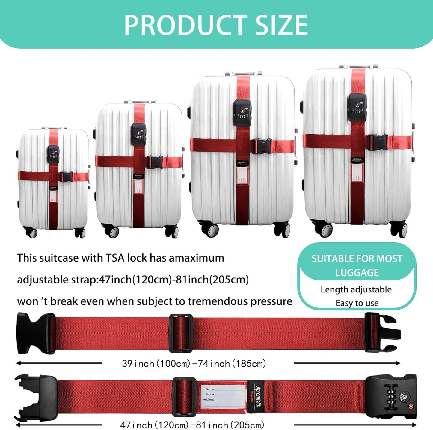 20"-28" Suitcase Cross Strap with TSA Approved 3-Digit Combination Lock Wide Adjustable Straps Travel Accessories, Red