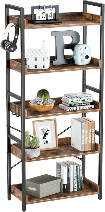 Rolanstar Bookshelf, 5 Tier Bookcase, Industrial Storage Rack with Metal Frame, Free Standing Utility Organizer Shelf Unit for Open Storage, Display and Book Organization in Living Room, Rustic Brown