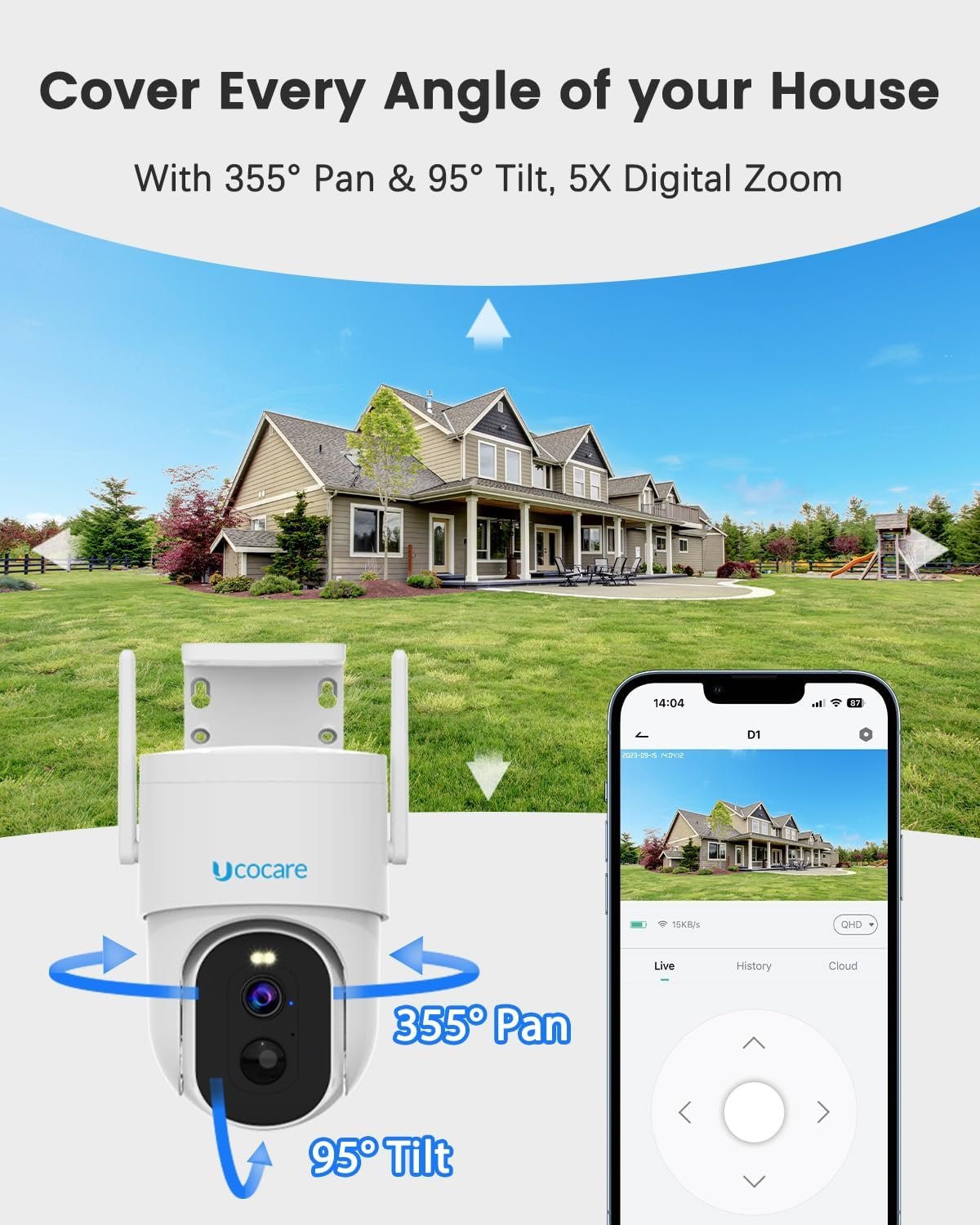 4MP QHD Solar Security Camera Outdoor Wireless WiFi, UCOCARE 360Â° PTZ Surveillance Cameras with 5W Solar Panel & 15000mAh Battery, PIR Motion Detection Alarm, 30m Color Night Vision, 2-Way Talk, IP66