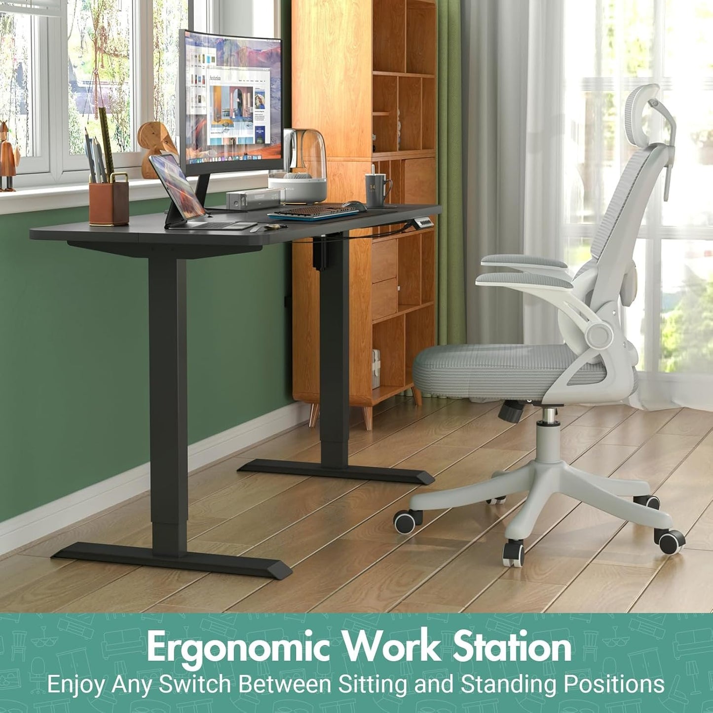 Ufurniture Electric Standing Desk, 72-115cm Height Adjustable Electric Computer Workstation with Smart Memory Lifting Base Sturdy Motor Sit Stand Up Table, Black Frame/Black Desktop, 140x60cm