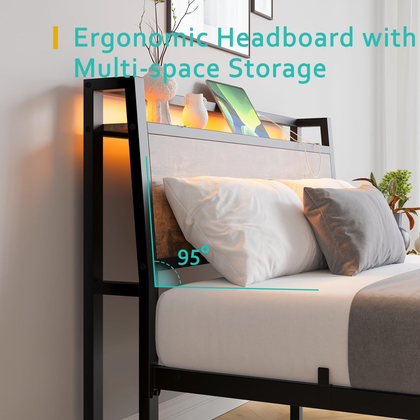ZGEHCO Full Size Bed Frame with Ergonomic Headboard, Metal Full Bed Frame with Charging Station & LED Lights Double Bed Frame with Storage & Strong Steel Slats,No Box Spring Needed, Rustic Brown