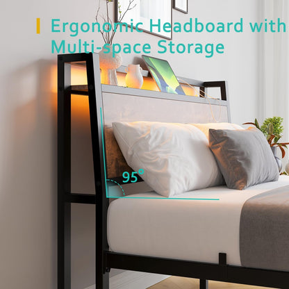 ZGEHCO Full Size Bed Frame with Ergonomic Headboard, Metal Full Bed Frame with Charging Station & LED Lights Double Bed Frame with Storage & Strong Steel Slats,No Box Spring Needed, Rustic Brown