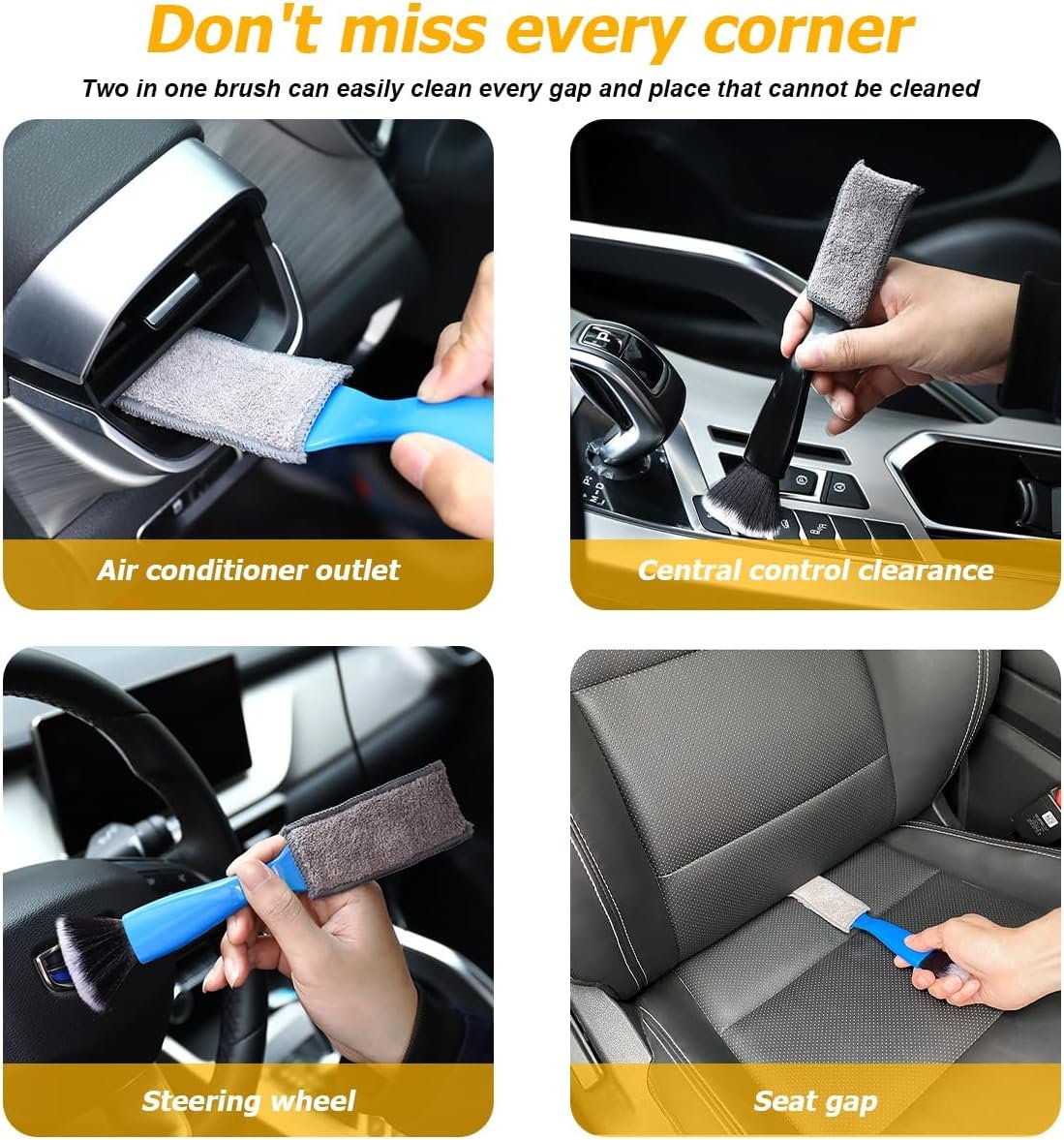 TSUGAMI Double Head Brush for Car Clean, 2PCS 2 in 1 Portable Soft Detail Brush for Cleaning Air Vent Dashboard, Multi-Functional Auto Interior Detailing Tool Accessories, Universal Fit (Black)