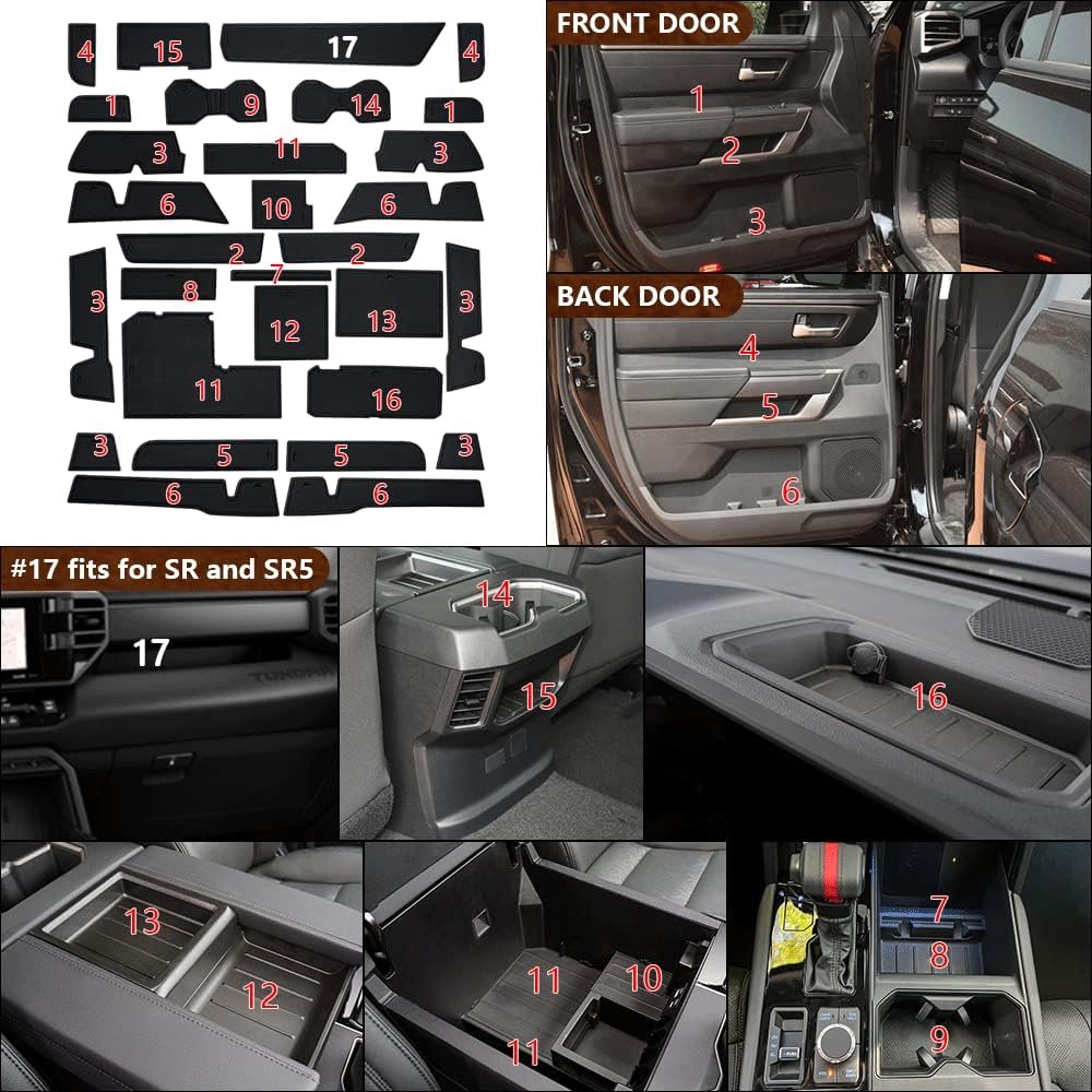 Muslogy fits Tundra Accessories 2022 2023 2024 Premium Custom Interior Non-Slip Anti Dust Cup Holder Inserts 30 Pcs Set Center Console Liner Door Pocket Liners Compatible with Tundra 2022-2025 (Black)