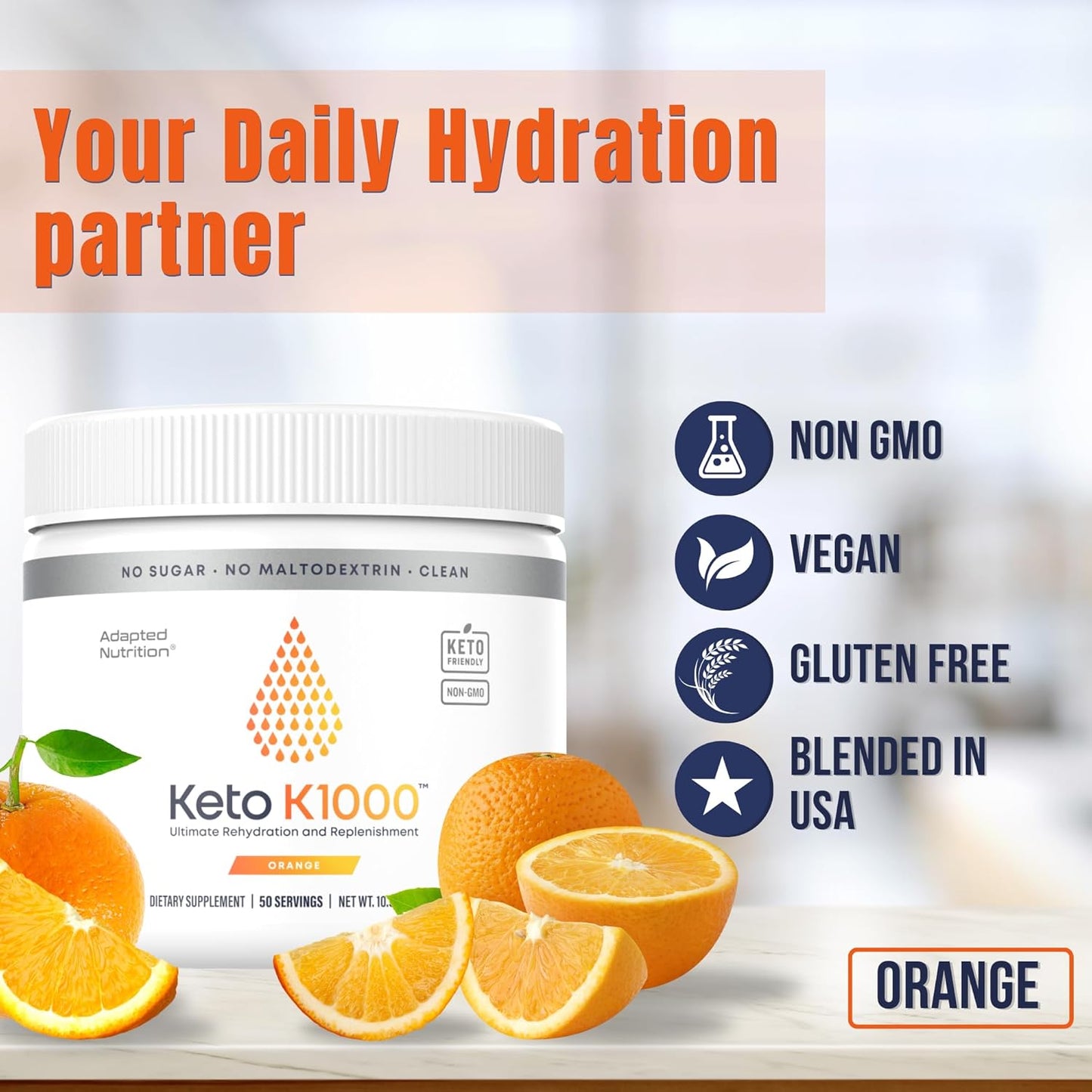 Keto K1000 Electrolyte Powder | Boost Energy & Beat Leg Cramps | No Maltodextrin or Sugar | Orange, Lighter Stevia Taste | 50 Servings