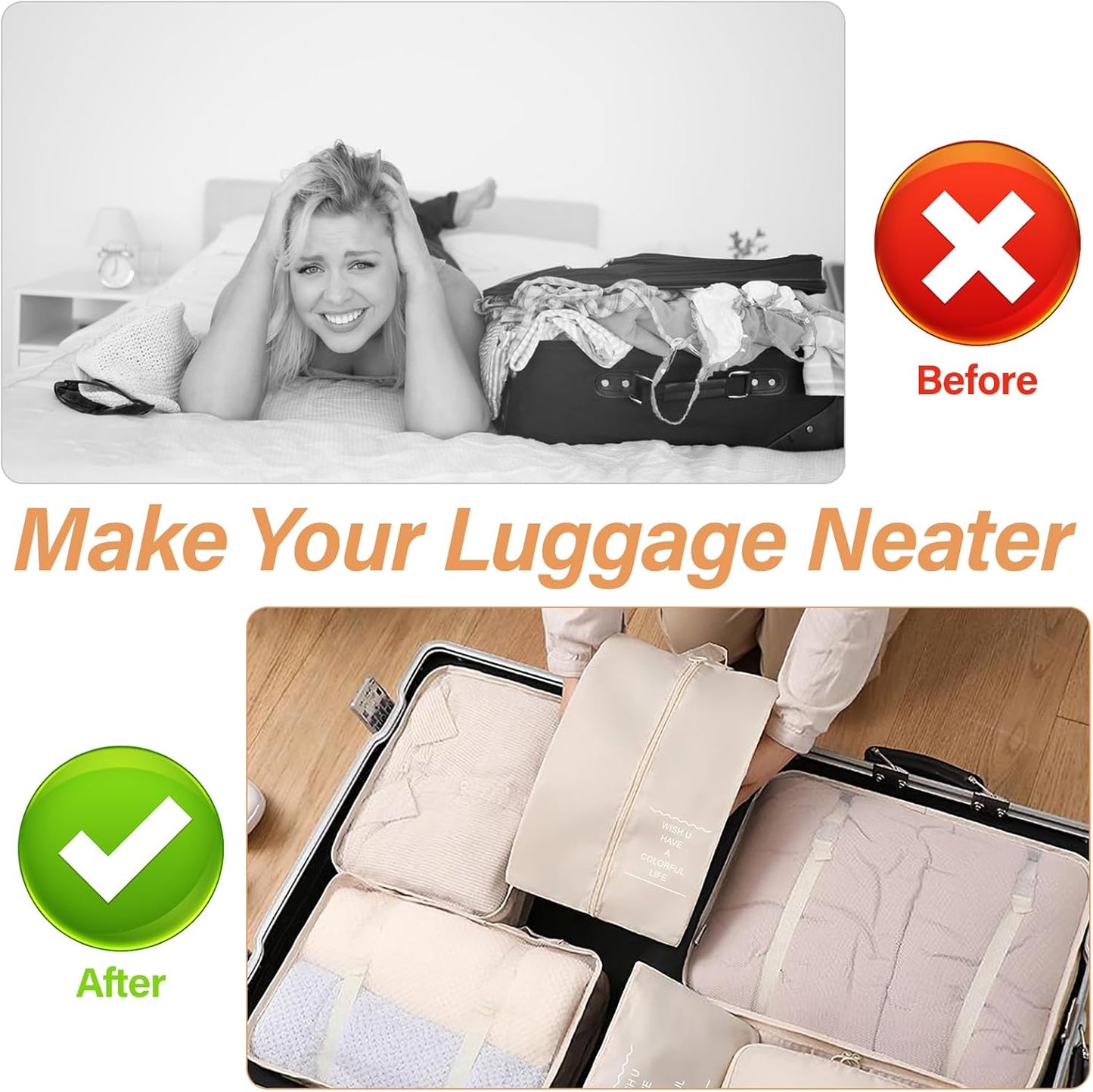 10 Pieces Space-Saving Suitcase Organizer (Beige) - Packing Cubes Set, Travel Suitcase Organizer, Useful Accessories for Holidays and Classification Underwear and Footwear