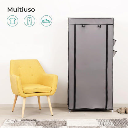 Baroni Home Folding Fabric Closet, Space-Saving Folding Furniture with Iron Frame for Bedroom, Walk-in Closet, Grey, 3 Shelves, 1 Clothes Rail, 70 x 46 x 148 cm