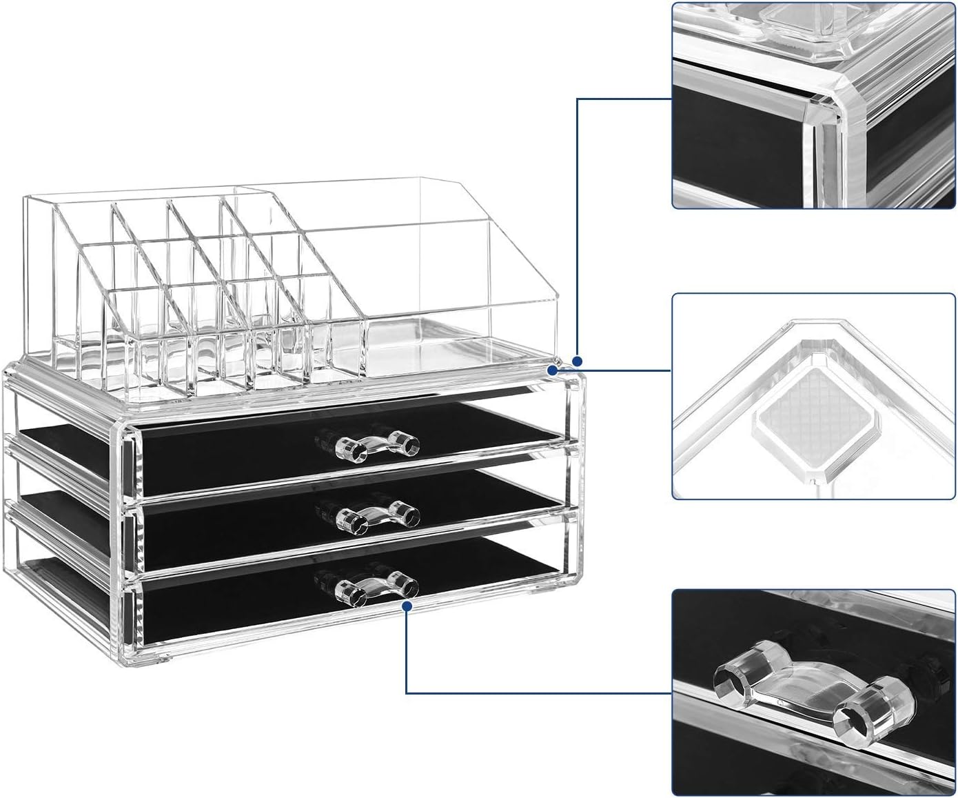 Songmics acrylic Cosmetic Organiser Drawer Box with nail polish stand lipstick holder (3 drawers)