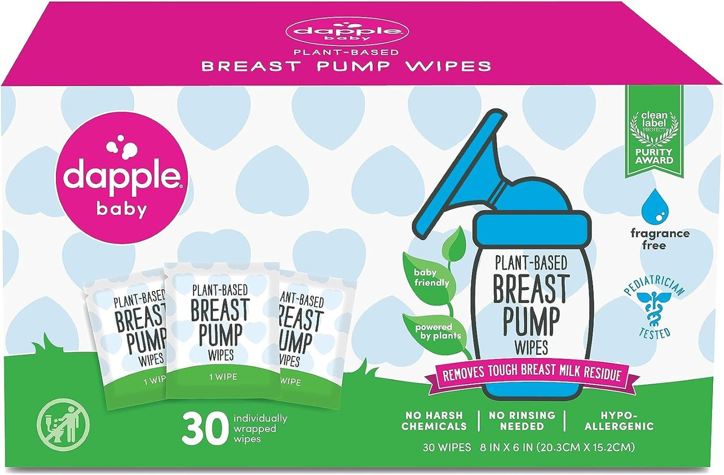 Breast Pump Wipes by Dapple Baby, Hypoallergenic & Powered by Plants, Removes Milk Residue, Leaves No Taste, Singles, Fragrance Free, 30 Count (Pack of 1)