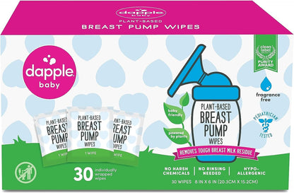 Breast Pump Wipes by Dapple Baby, Hypoallergenic & Powered by Plants, Removes Milk Residue, Leaves No Taste, Singles, Fragrance Free, 30 Count (Pack of 1)
