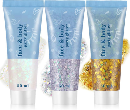 DAMUSI 3 Colors Face Glitter Gel Body Glitter Holographic Hair Glitter for Kids,Face Glitter Makeup,Chunky Sequins Face Body Hair Glitter Gel,Festival Rave Accessories (Gold+Silver+White)