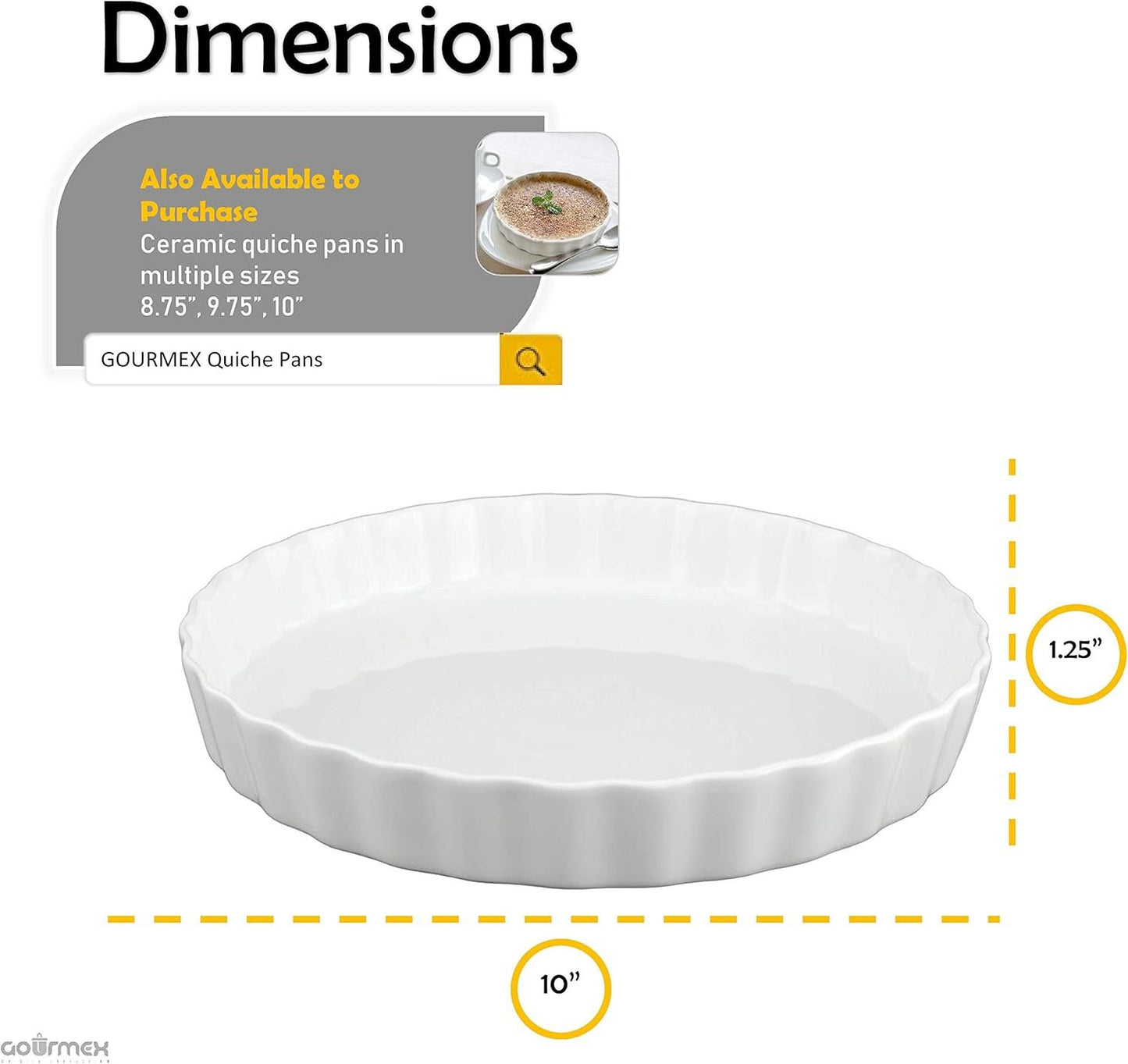 GOURMEX White, Fluted Quiche Baking Dish | Ceramic Nonstick Pan | Perfect for Baking Tart Pies, Creme Brulee, Custard Dishes and Cheesecake | Porcelain (25cm Round)