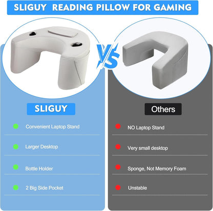 Reading Pillow for Gaming, Enlarge Arm Rest Pillow with Laptop Stand&Pocket for Adult, 100% Memory Foam Bed Rest Pillow for Gaming, Reading, Working, Laptop Desk Pillow for Couch Bed Floor,Grey