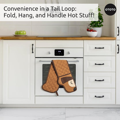 OTOTO Hot-Dog Oven Gloves - Cute, Fun, Dachshund Pattern, Double Heat Resistant, Dog Lovers Gifts, Kitchen Utensils (Brown)