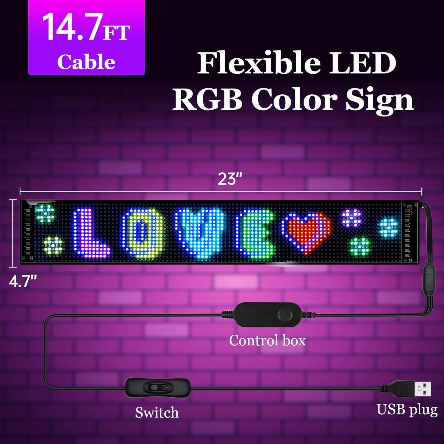 Programmable LED Sign for Business,Flexible Digital Sign,Scrolling LED Sign,Bluetooth APP,DIY Design Animations,Text, Graffiti,Colour (23''x5'')