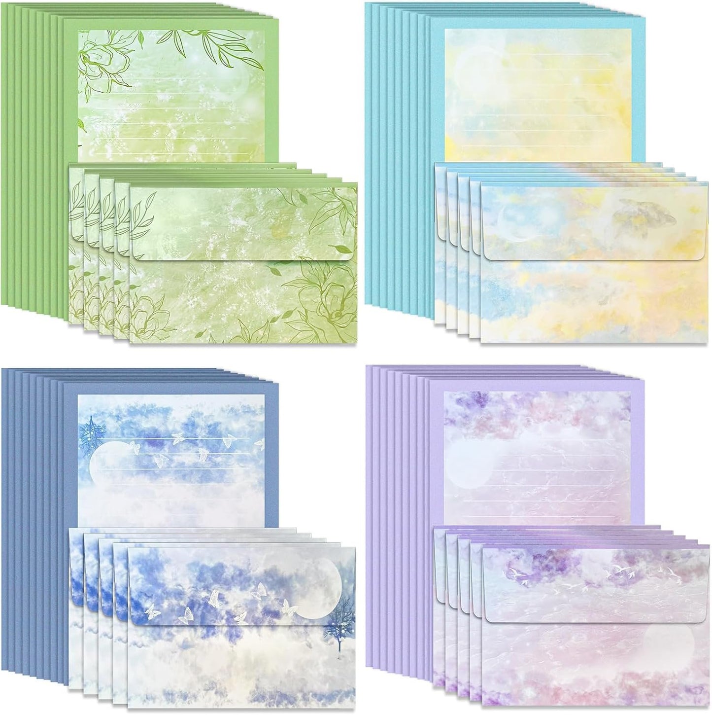 IMagicoo 40 Lined Writing Stationery Paper with 20 Envelopes, Beautiful Sky Designs for Writing Letter, Notes, Invitations, 4 Different Style (9.4 x 6.6)