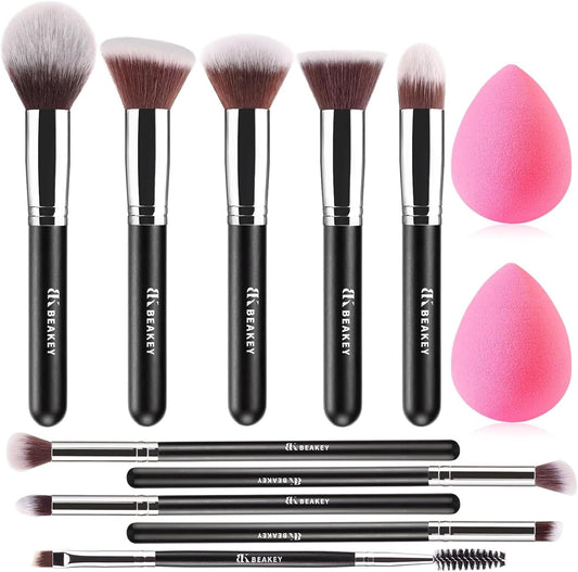 BEAKEY Premium Synthetic Makeup Brushes Set for Foundation Powder Blush Eyeshadow Brush Set Make Up Brush Kit with Sponge and Blender Beauty (10+2pcs, Black/Silver)