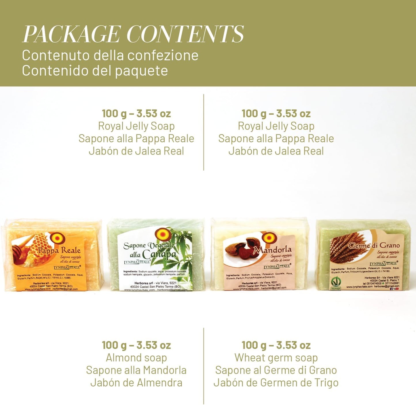 LYNPHA VITALE - Handmade Soap Kit - Almond, Wheat Germ, Royal Jelly and Hemp - 3 Made in Italy Soaps based on Coconut Oil