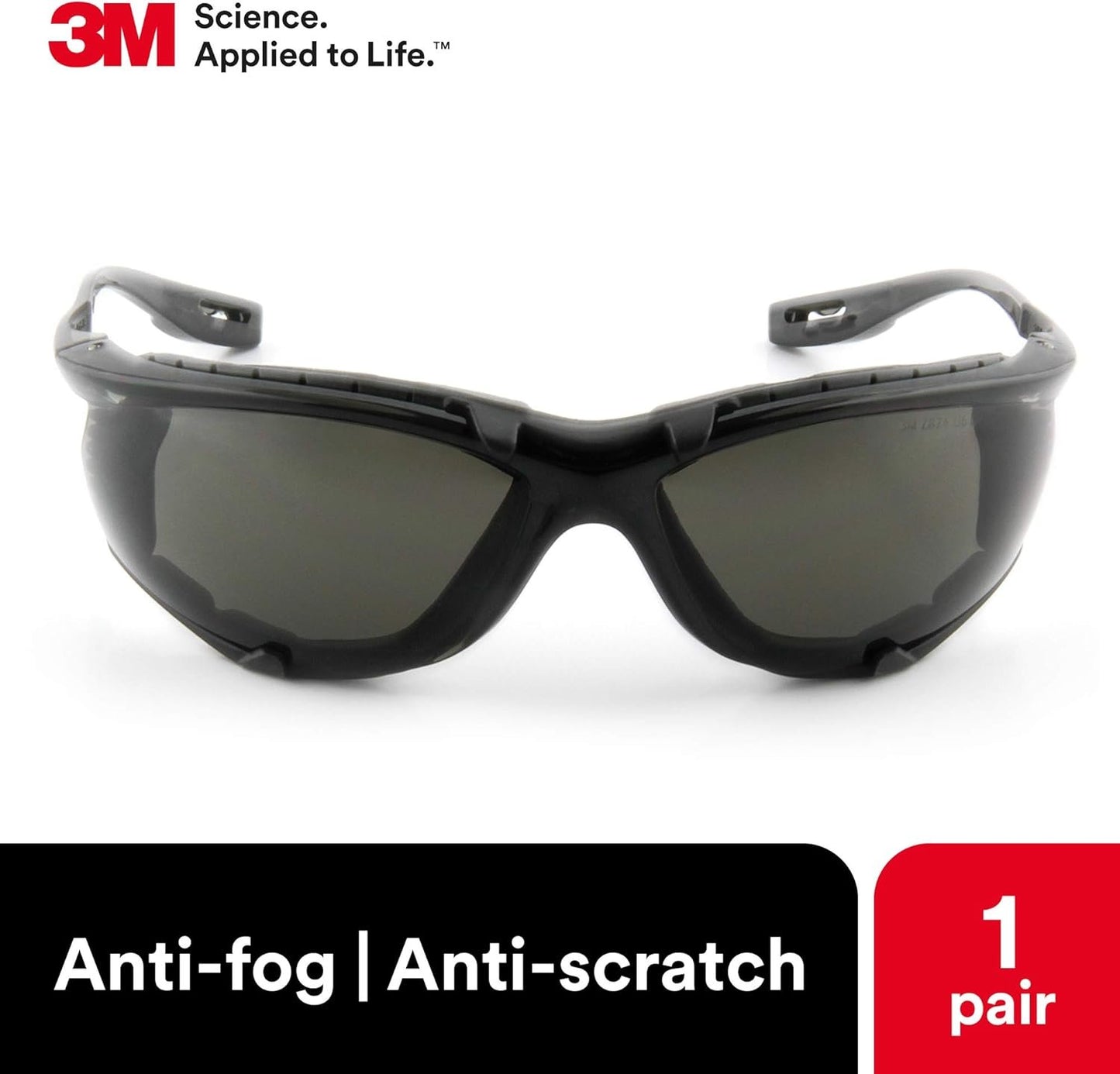 3M Safety Glasses, Virtua CCS, ANSI Z87, Anti-Fog, Gray Lens, Black Frame, Corded Ear Plug Control System, Removable Foam Gasket
