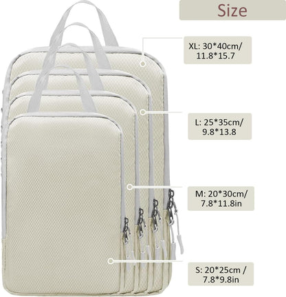 4pcs Packing Cubes, Compression Packing Cubes for Travel compression bags for Packing Organisers Expandable Storage Travel Accessories Luggage-Beige