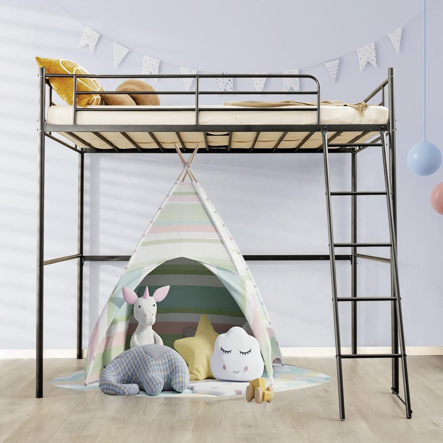 Giantex Loft Bed with Ladder, Heavy-Duty Steel Bed Frame with High Guard Rails & Ample Underneath Floor Space for Working & Relaxation, Versatile Bed Frame, No Box Spring Needed, Space-Saving (Black)