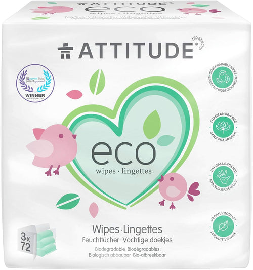 ATTITUDE Baby Wipes Refills, 100% Biodegrable Safe Natural Hypoallergenic for Sensitive Skin, EWG Verified PTPA, 3 X 72 Wipes Dispenser