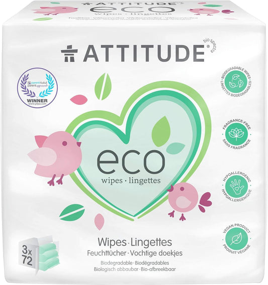 ATTITUDE Baby Wipes Refills, 100% Biodegrable Safe Natural Hypoallergenic for Sensitive Skin, EWG Verified PTPA, 3 X 72 Wipes Dispenser