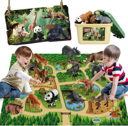 Mini Tudou 12 Pcs Safari Animals Figures Toys w/ 57x38.6’’ Large Activity Play Mat, Realistic Jumbo Jungle Wild Zoo Animals Figurines Playset w/ Elephant, Giraffe, Lion for Kids Toddlers Boys & Girls