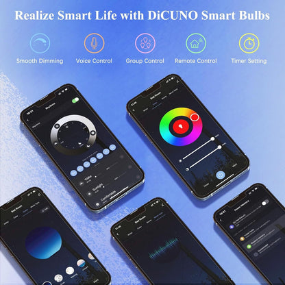 DiCUNO Smart Light Bulb, Alexa & Google Assistant Compatible, Dimmable RGBCW Color Changing WiFi & Bluetooth LED Bulb, No Hub Required, A19 E26 60W Equivalent, Pack of 6